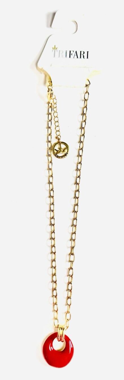 Vintage Crown Trifari Red Enamel Gold Tone Donut Pendant Necklace Gold NWT NOS